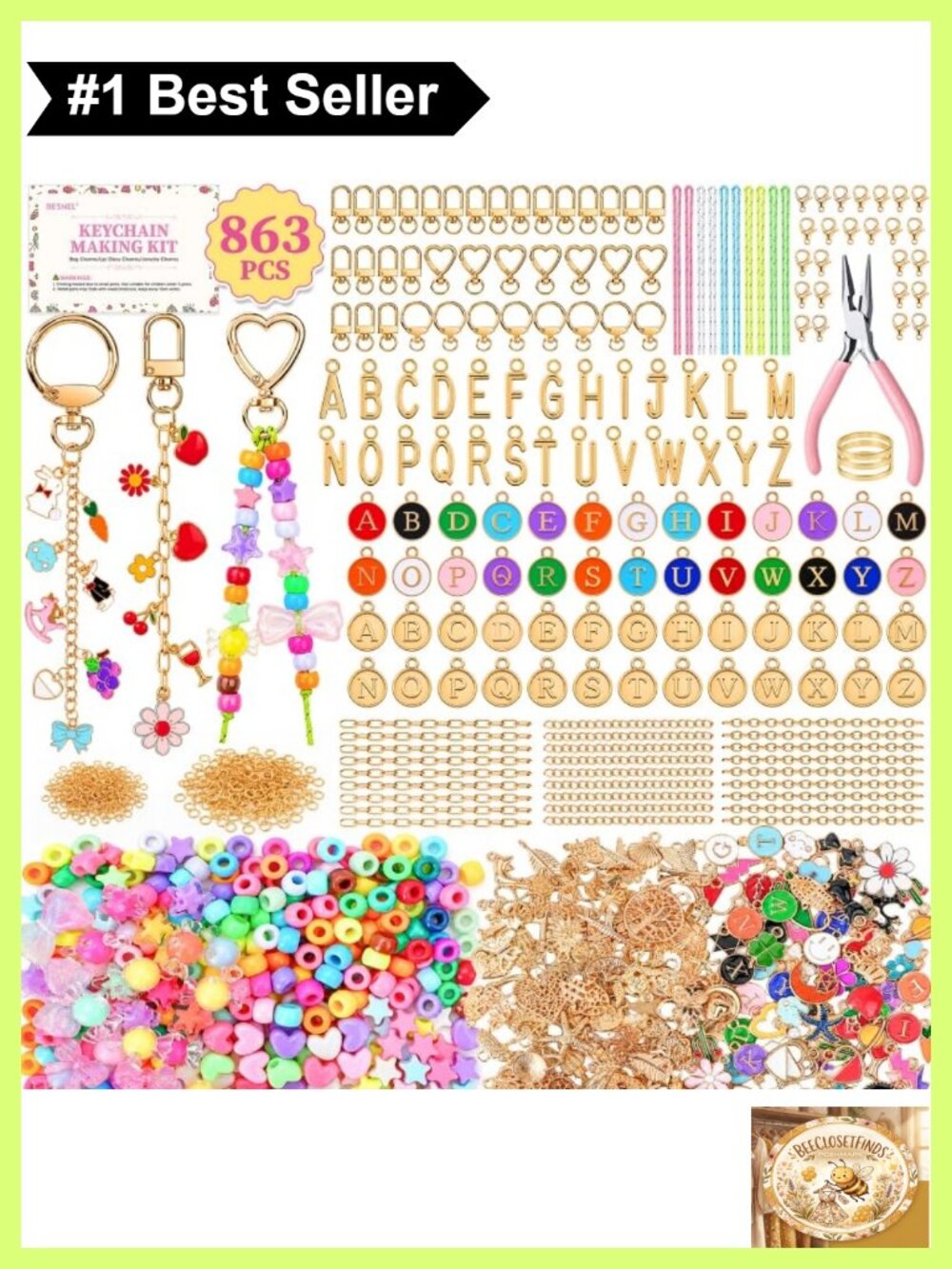 863 Pc Keychain Making Kit Alphabet Beads Charm Craft Set Storage Box